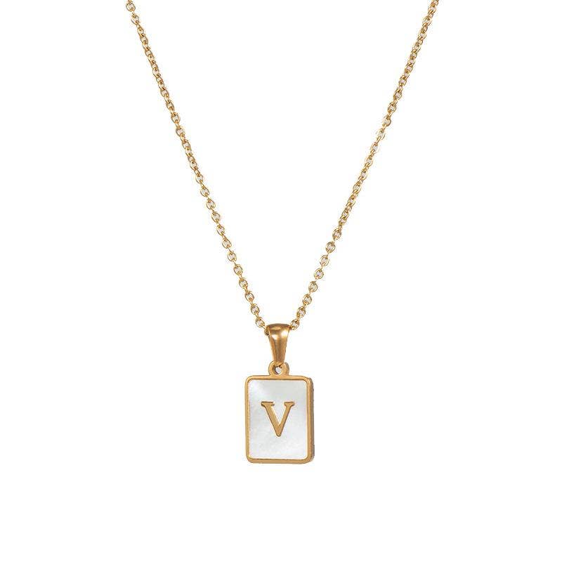 Square Initial Gold Necklace With Mother Of Pearl.