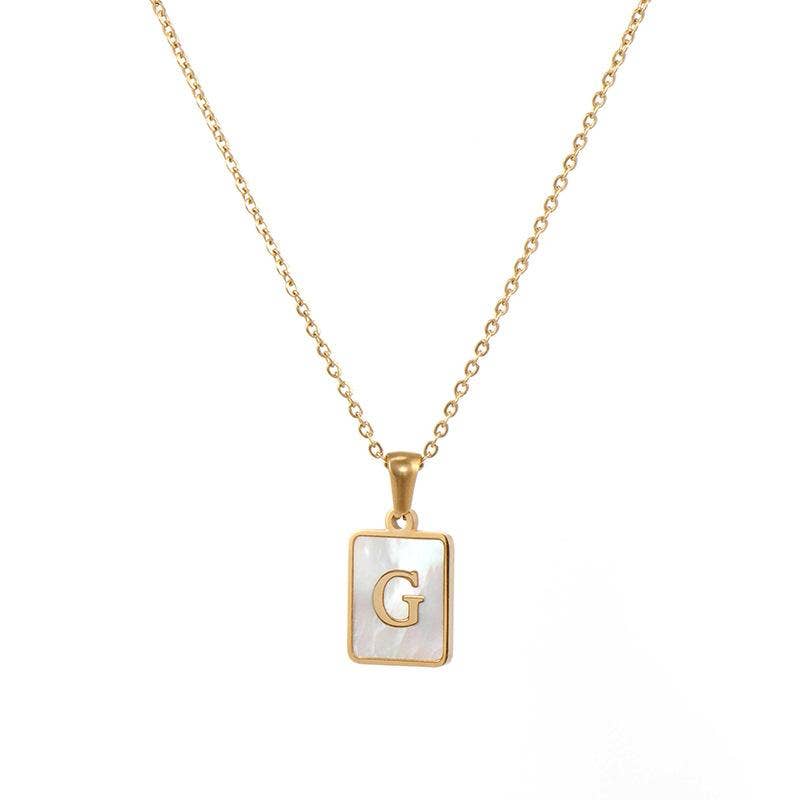 Square Initial Gold Necklace With Mother Of Pearl.