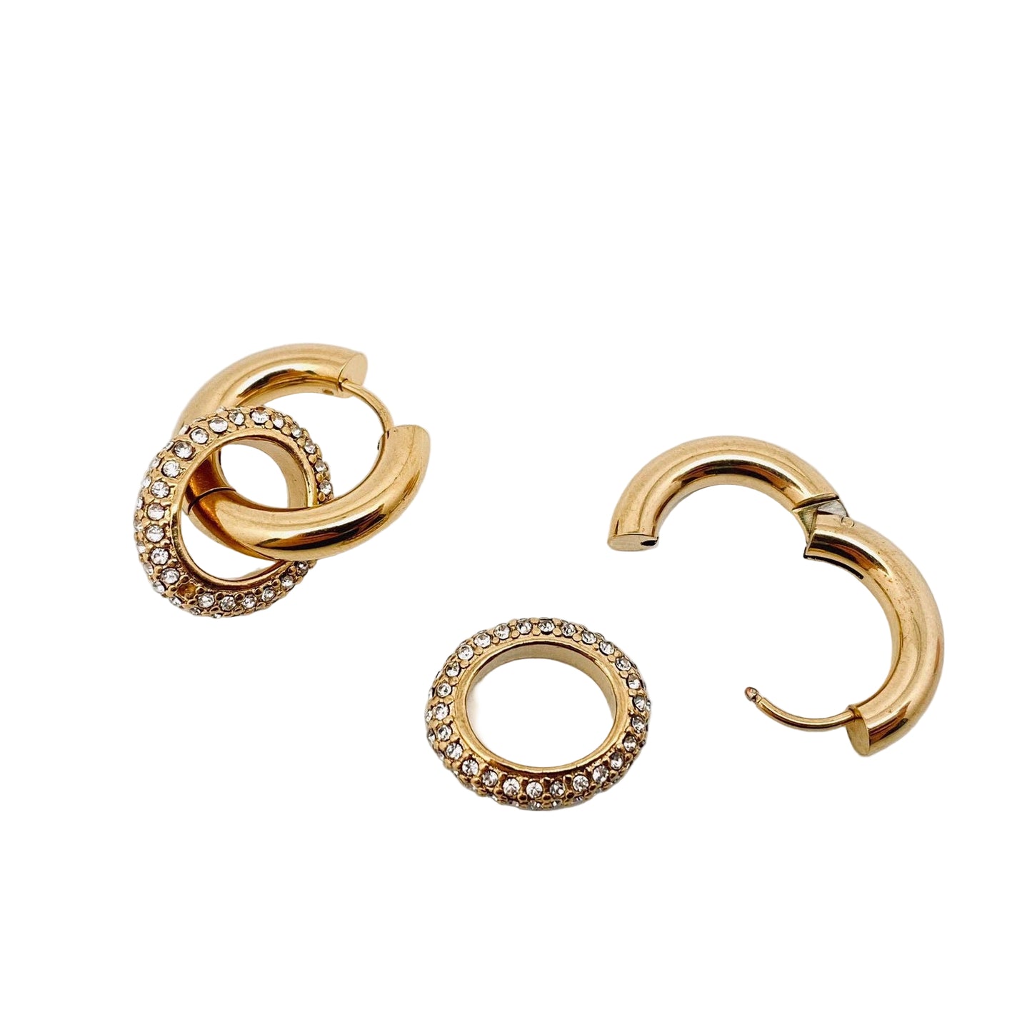 GORGEOUS GOLD HUGGIES WITH INTERCHANGEABLE PAVED DANGLE HOOPS