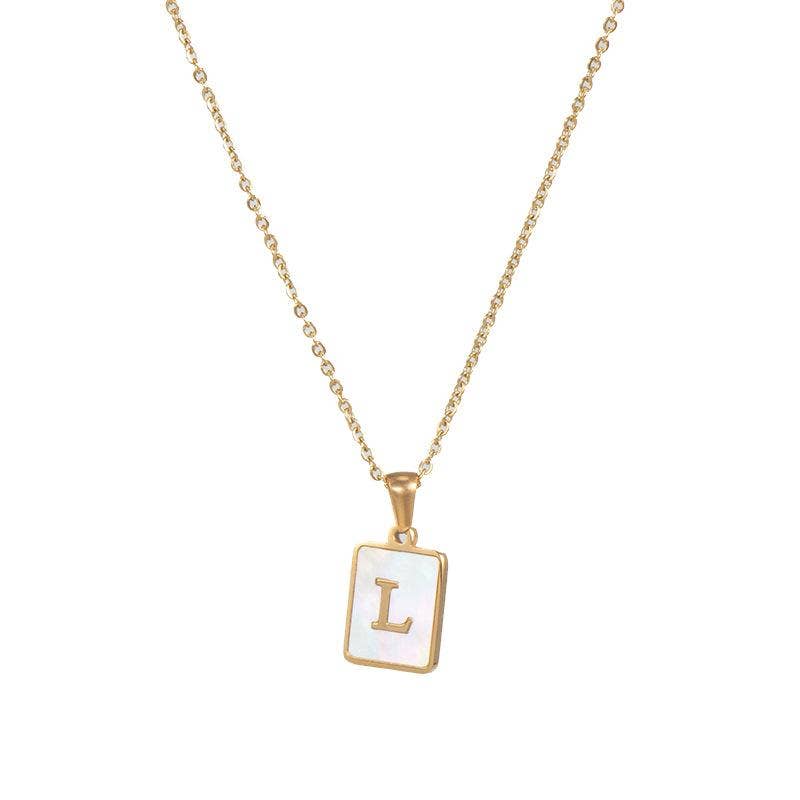 Square Initial Gold Necklace With Mother Of Pearl.
