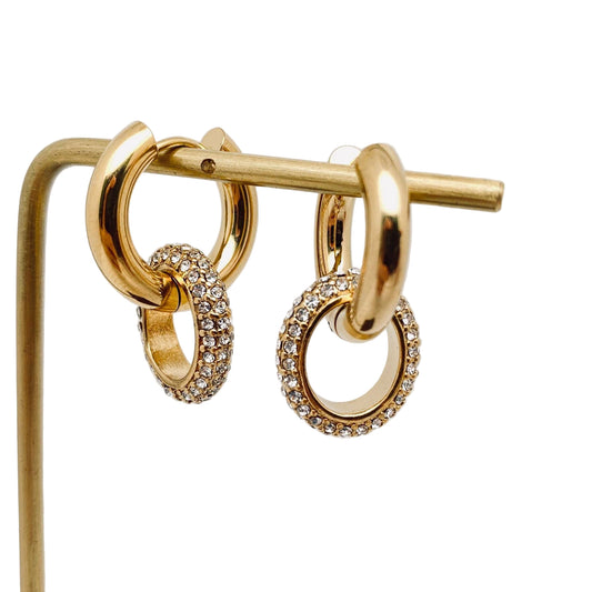GORGEOUS GOLD HUGGIES WITH INTERCHANGEABLE PAVED DANGLE HOOPS