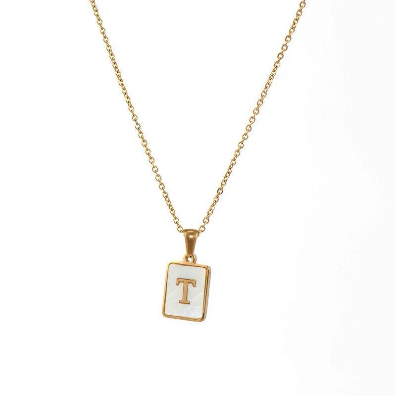 Square Initial Gold Necklace With Mother Of Pearl.