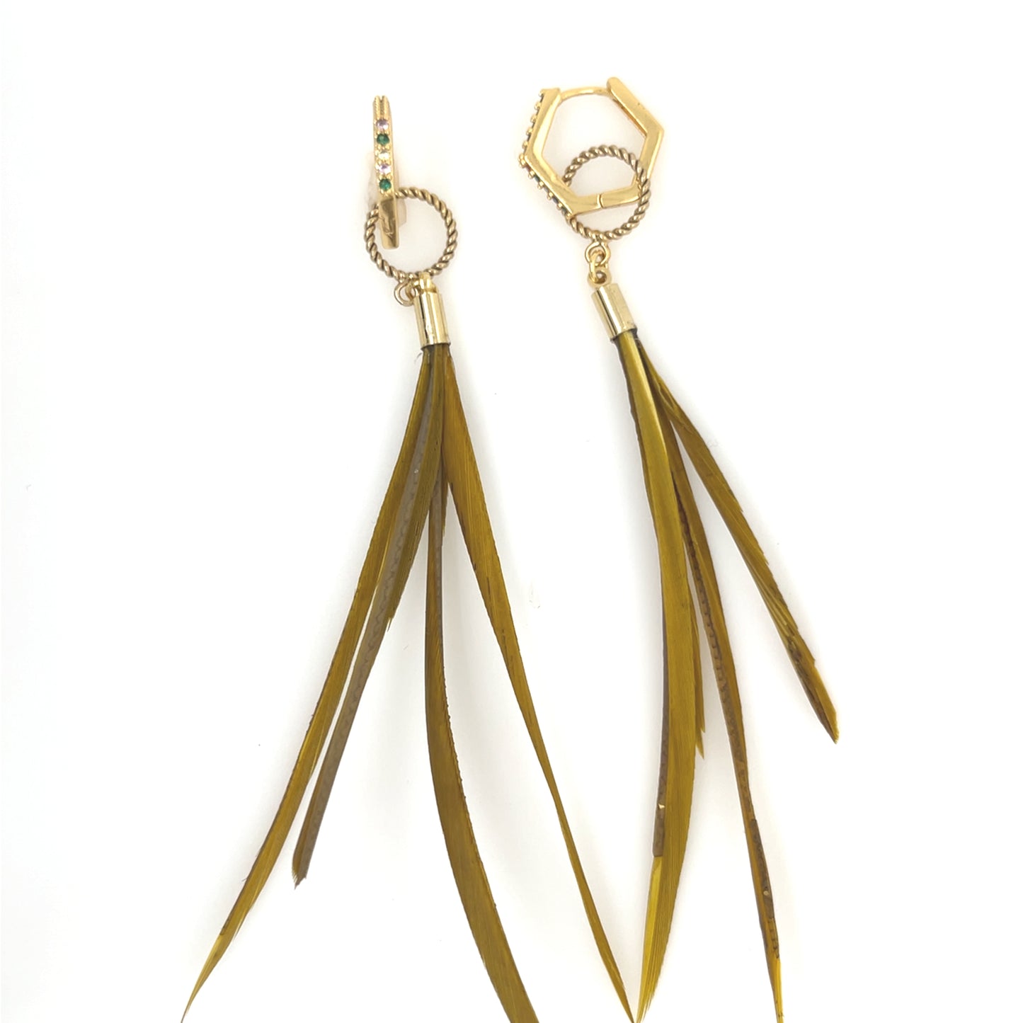 Hand made sage green feather and gold earrings.