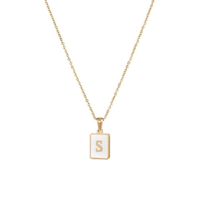 Square Initial Gold Necklace With Mother Of Pearl.