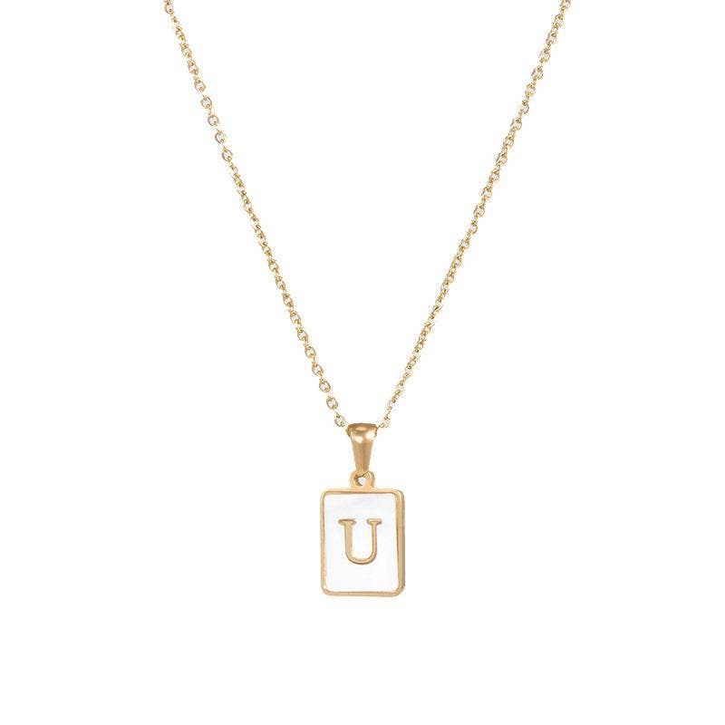 Square Initial Gold Necklace With Mother Of Pearl.