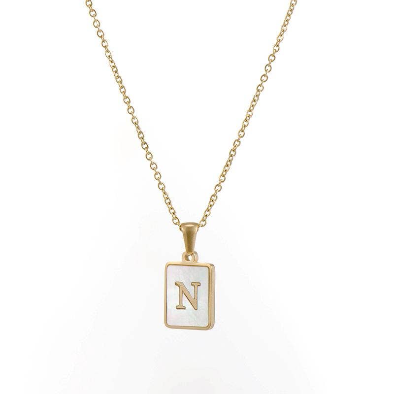 Square Initial Gold Necklace With Mother Of Pearl.
