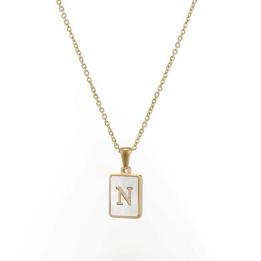 Square Initial Gold Necklace With Mother Of Pearl.