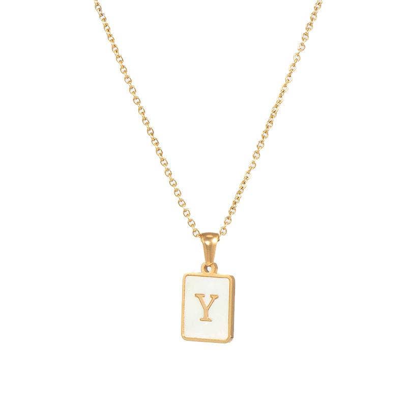 Square Initial Gold Necklace With Mother Of Pearl.